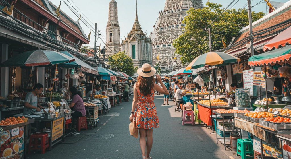 Une jeune femme au milieu d'un marché à Bangkok en Thailande