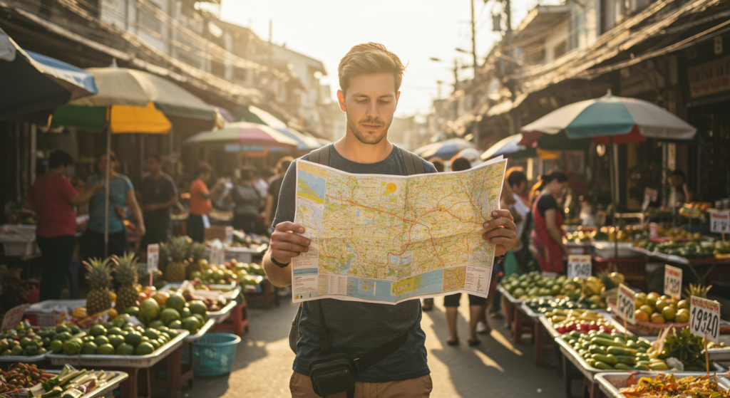 Un jeune toursite regarde sur une carte au milieu d'un marché en Thailande