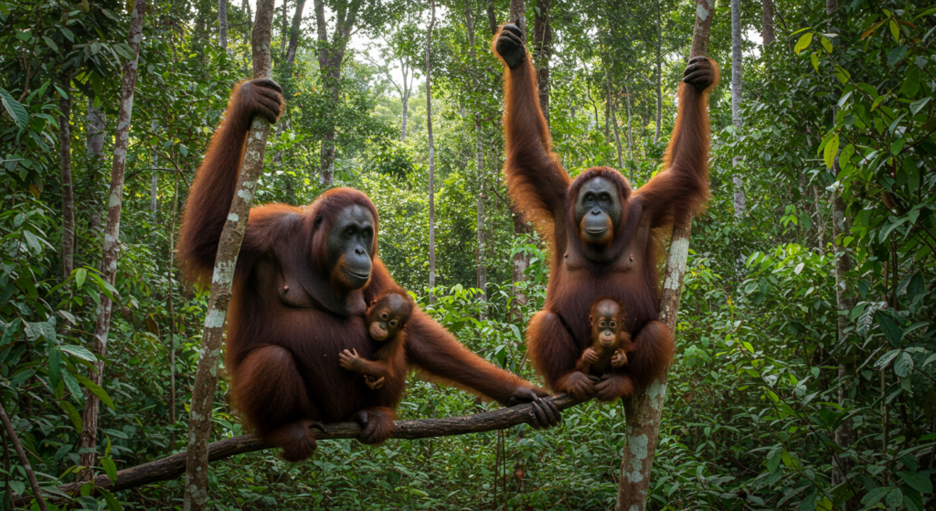 2 orangs-outans sauvages et leurs bébés se tiennent à des arbres dans la jungle