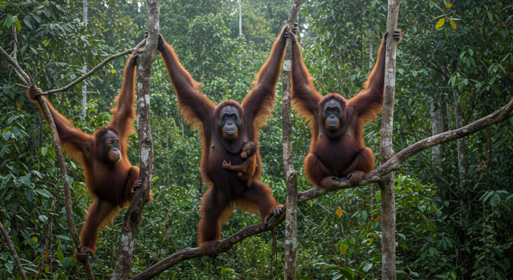 3 orangs-outans sauvages se tiennent à des arbres dans la jungle