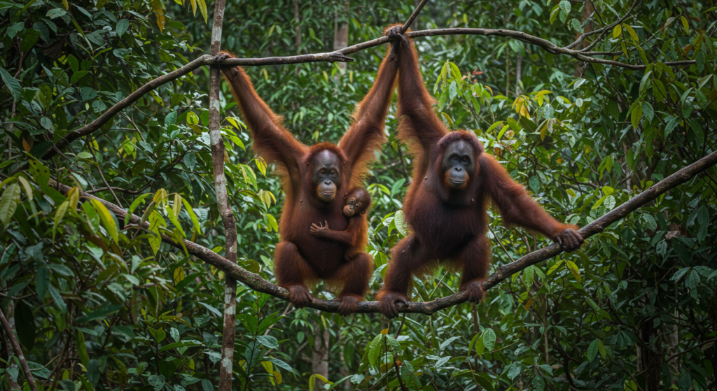 2 orangs-outans sauvages se tiennent à des arbres dans la jungle