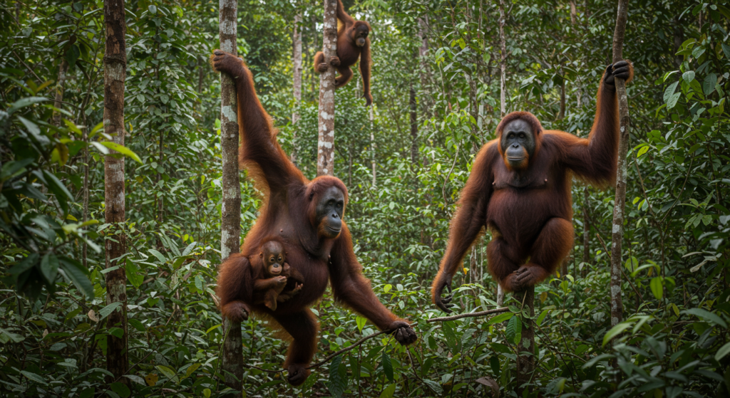 Des orangs-outans sauvages se tiennent à des arbres dans la jungle