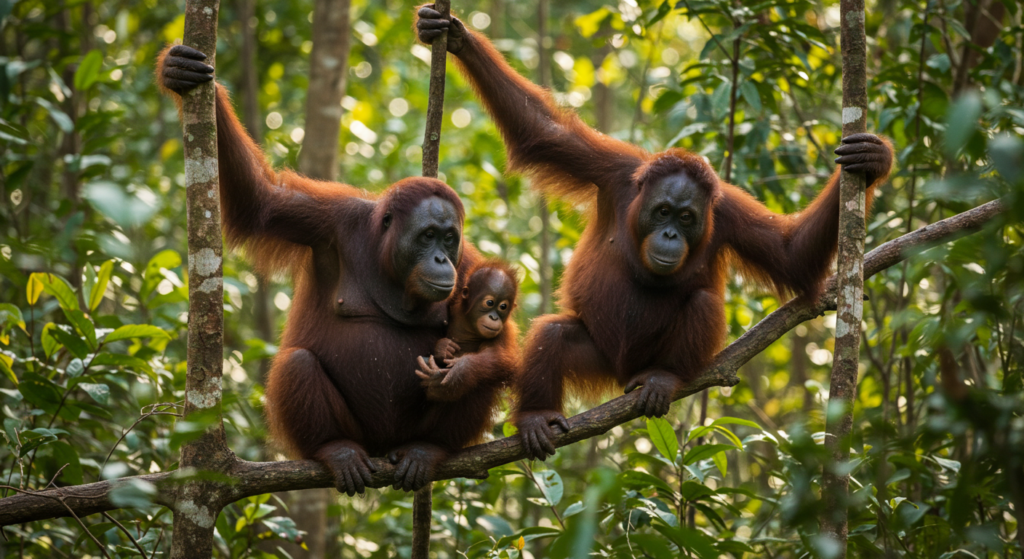 2 orangs-outans sauvages avec un bébé se tiennent à des arbres dans la jungle 