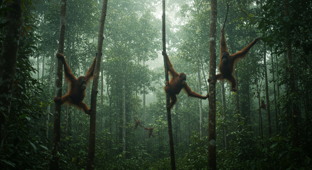 3 orangs-outans sauvages se tiennent à des arbres dans la jungle vue de loin