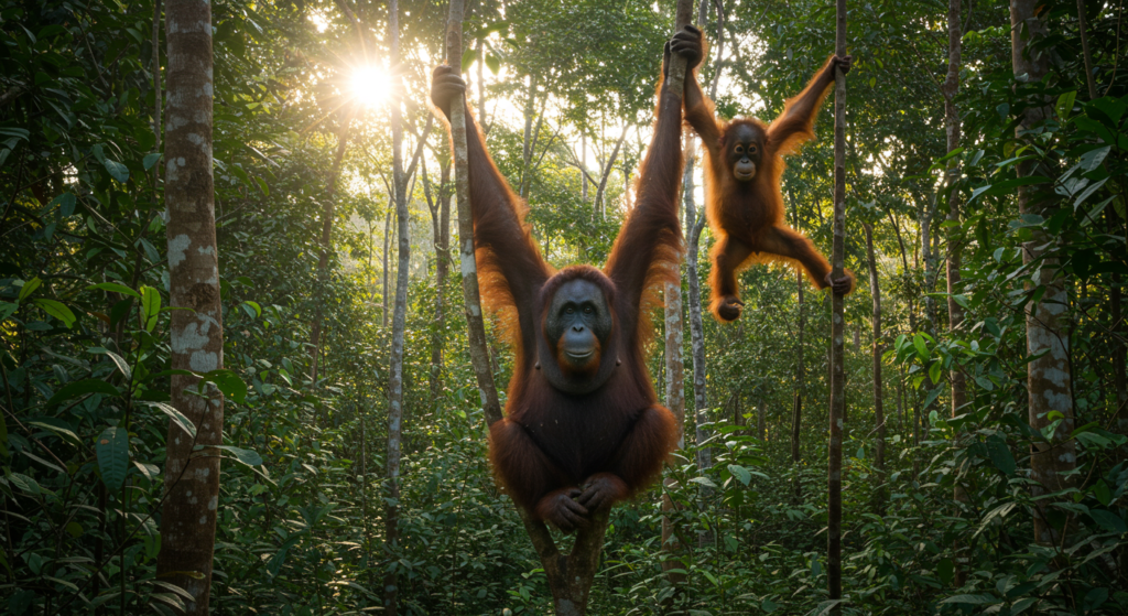 2 orangs-outans sauvages se tiennent à des arbres dans la jungle