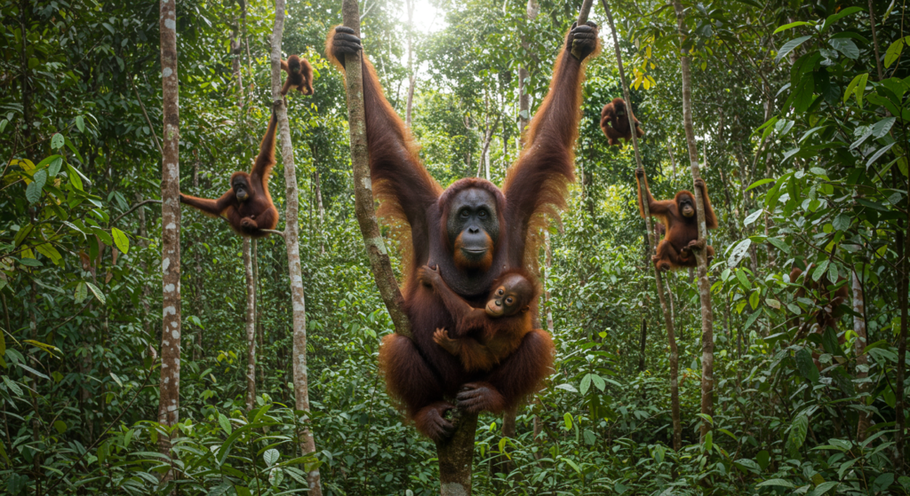 Plusieurs orangs-outans sauvages se tiennent à des arbres dans la jungle