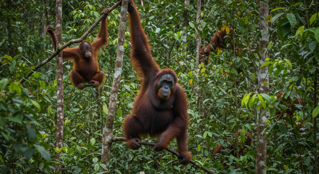 3 orangs-outans sauvages se tiennent à des arbres dans la jungle