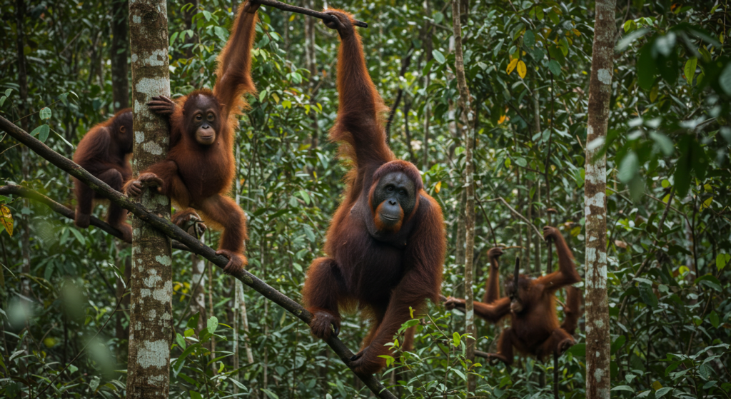 Plusieurs orangs-outans sauvages se tiennent à des arbres dans la jungle