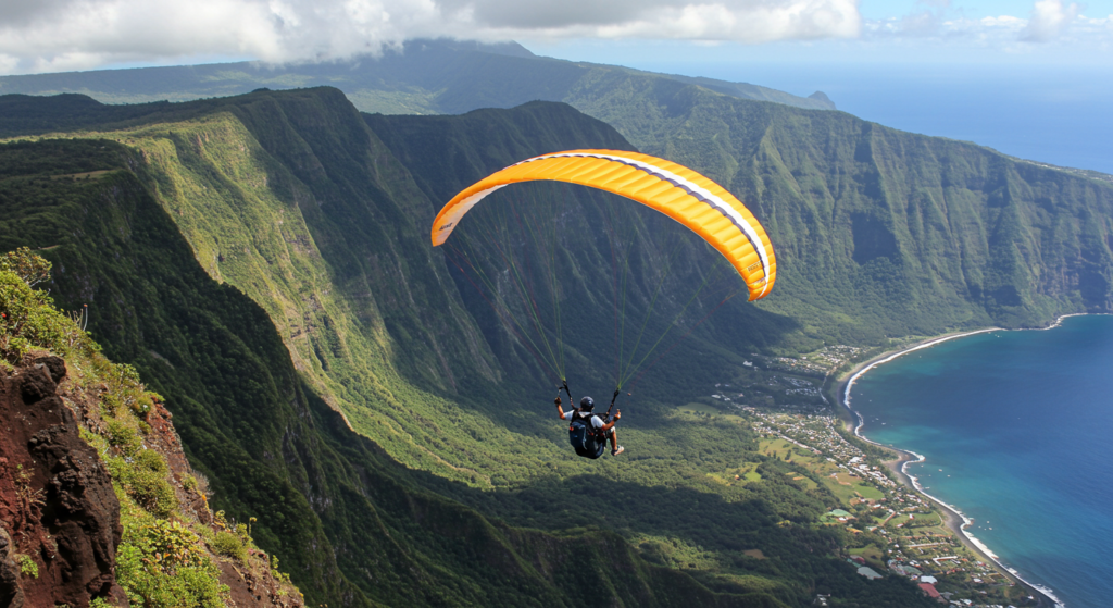 Un touriste fait du parapente à Saint-Leu à la Réunion