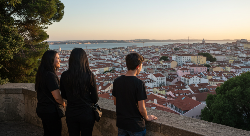 Une famille à un point de vue regarde le paysage de Lisbonne au Portugal