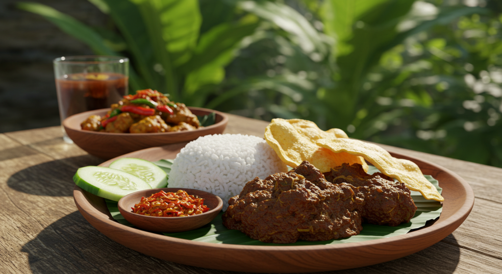 Un plat traditionnel indonésien servi sur une assiette en terre cuite brune, présenté sur une feuille de bananier. L'assiette contient un dôme de riz blanc parfaitement cuit, accompagné de rendang (viande mijotée dans une sauce aux épices brune), de tranches de concombre frais, et d'un petit bol de sambal (sauce pimentée rouge). Un krupuk (chips de crevettes) doré et croustillant est posé sur le dessus. En arrière-plan, on aperçoit un autre plat plus petit contenant ce qui semble être du poulet épicé, ainsi qu'un verre de boisson sombre. La scène est photographiée en extérieur avec un fond de feuillages tropicaux verts et une belle lumière naturelle qui met en valeur les textures des aliments.