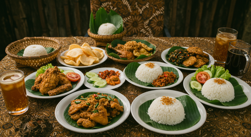 Table présentant un festin traditionnel indonésien avec plusieurs plats disposés sur une nappe à motifs batik. On y voit des portions de riz blanc servies sur des feuilles de bananier, des plats de poulet frit, des accompagnements de légumes frais (concombres et tomates), des crackers (krupuk), et des plats de viande en sauce