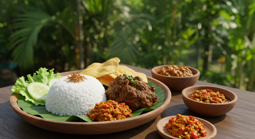 Un plat traditionnel indonésien servi sur une grande assiette en bois posée sur une table en bois foncé, avec un arrière-plan de végétation tropicale luxuriante. L'assiette contient un dôme de riz blanc parfaitement moulé, accompagné d'un morceau de viande en sauce brune (probablement du rendang), de sambal (condiment épicé), de feuilles de laitue fraîche et de tranches de concombre. Des crackers (krupuk) dorés sont disposés sur le côté. Le tout est servi sur une feuille de bananier verte. Trois petits bols en terre cuite contenant du sambal ou des condiments épicés sont disposés à droite de l'assiette principale.