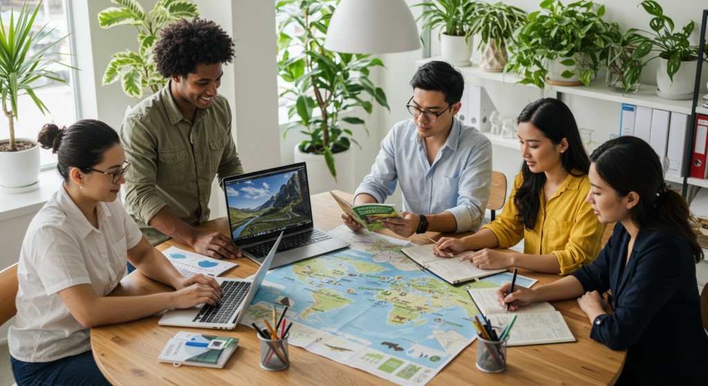 Plusieurs personnes d'une agence de voyage écoresponsable lisent des guides de voyage autour d'une table