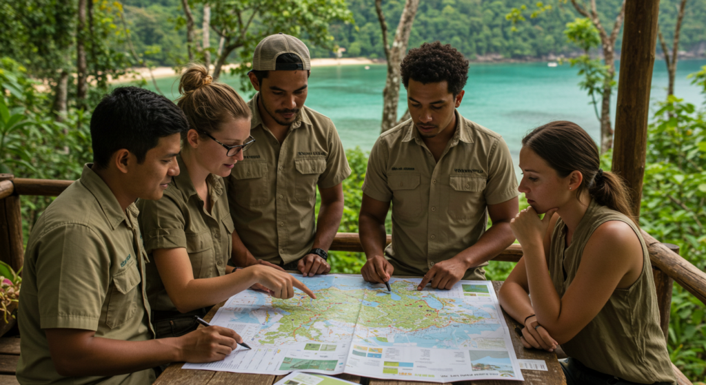 Plusieurs guides touristiques d'une agence de voyage écoresponsable dans la forêt en réunion autour d'une table regardent une carte