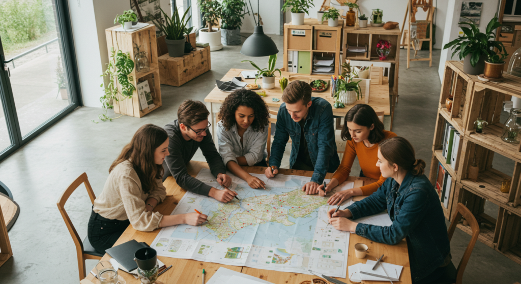 Groupe de salariés d'une agence de voyage écoresponsable pointent une carte avec leurs crayons