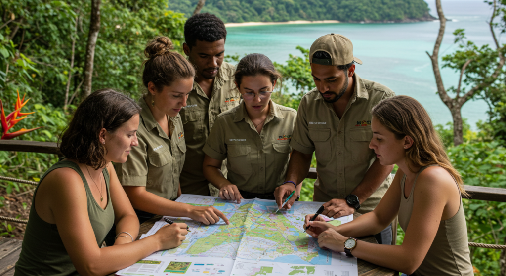 Plusieurs guides touristiques d'une agence de voyage écoresponsable dans la forêt en réunion autour d'une table regardent une carte