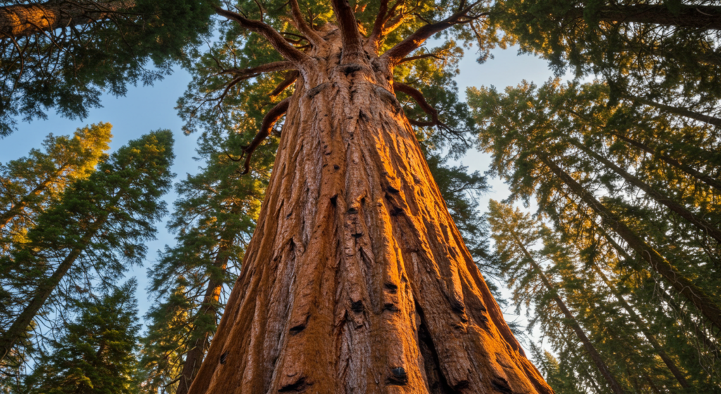 Sequoia géant vue d'en bas en plein soleil