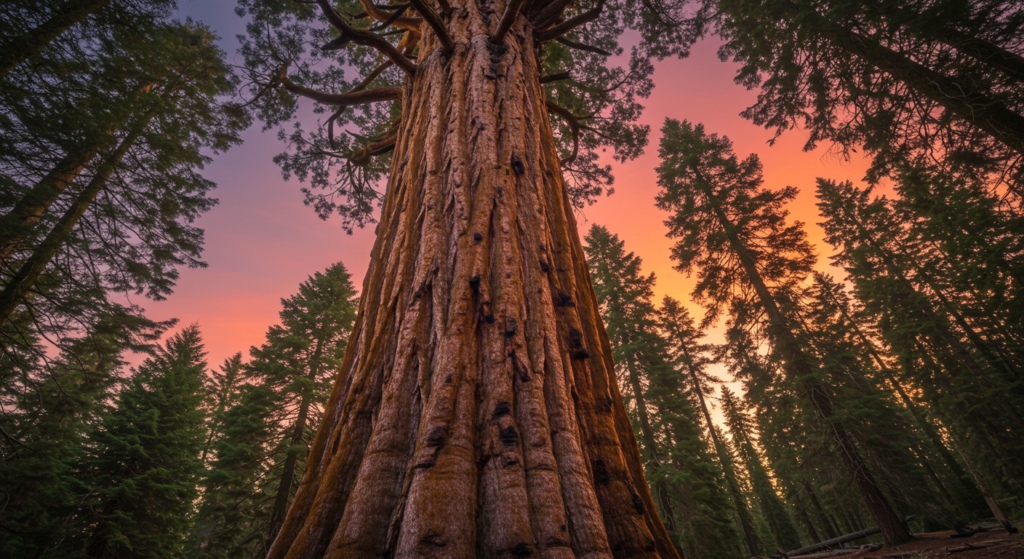 Sequoia géant vue d'en bas au coucher du soleil