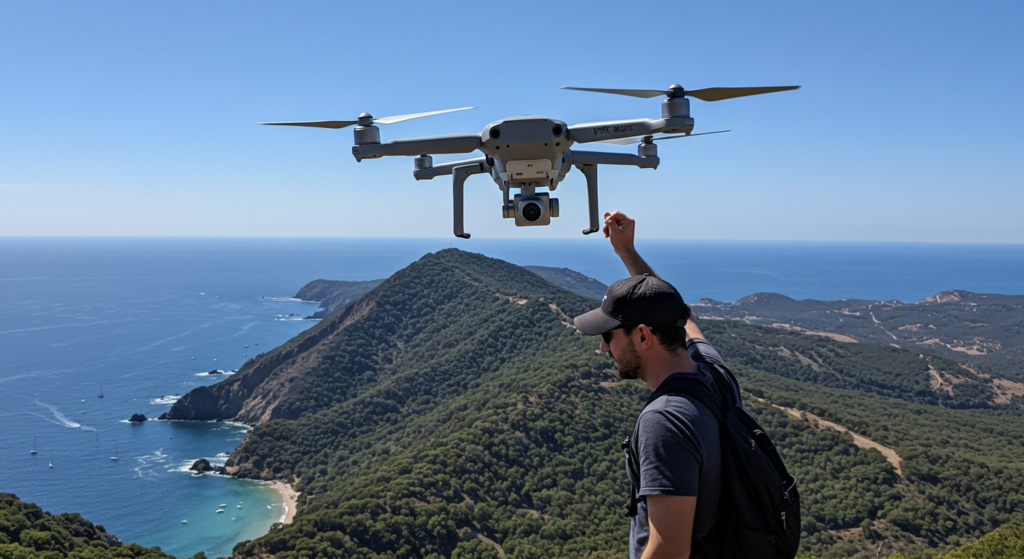 Un touriste et son drone au sommet d'une montagne face à la mer