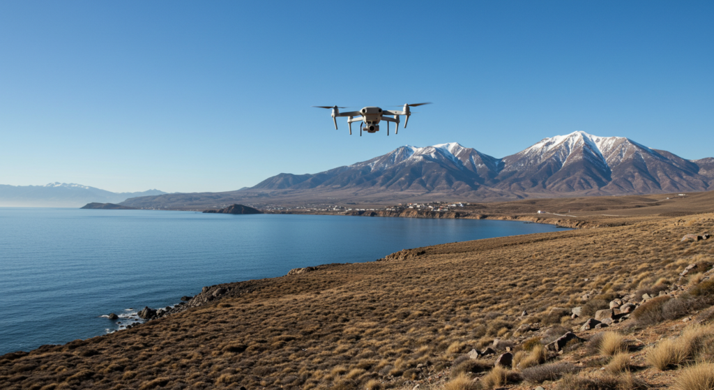 Un drone face à la mer et montagne enneigée