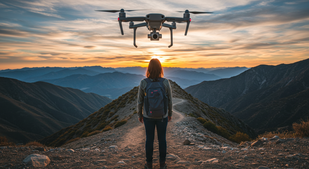 Une touriste face à son drone au sommet d'une montagne au coucher du soleil