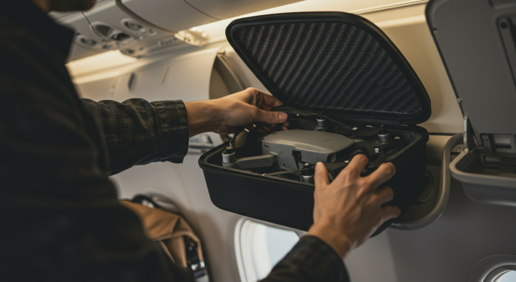 Un touriste range son drone dans le coffre à bagages d'un avion