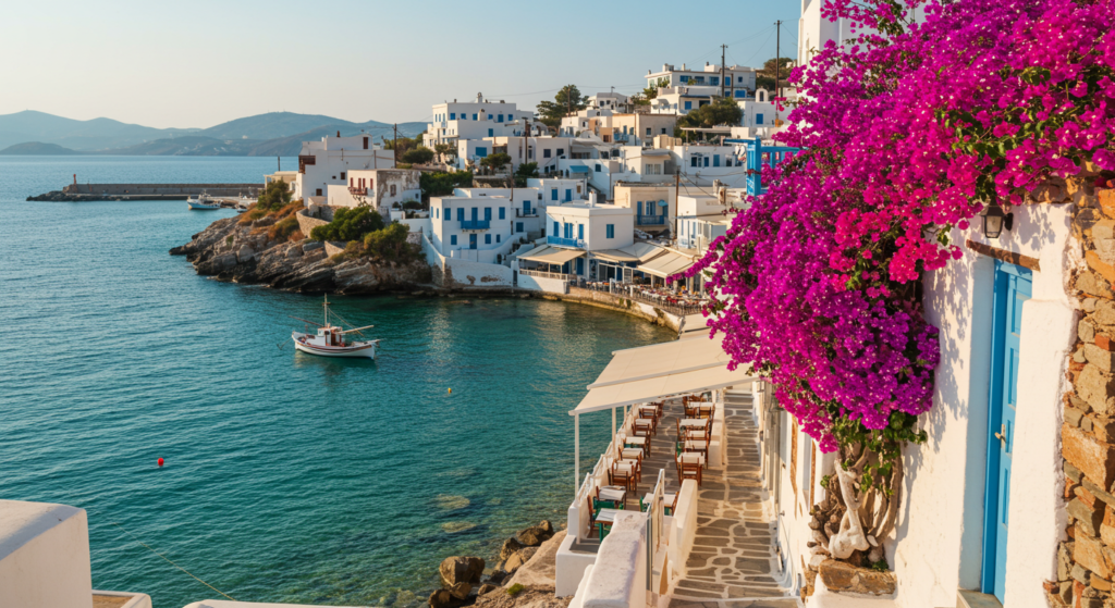 Vue d'une crique avec les maisons blanches à Santorin en Grèce 