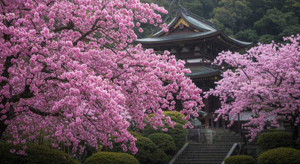 Cerisiers en fleurs devant un temple au Japon