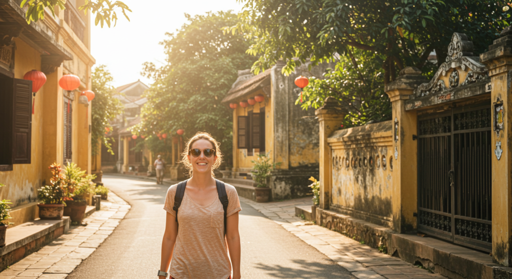 Une touriste souriante dans la rue au Vietnam