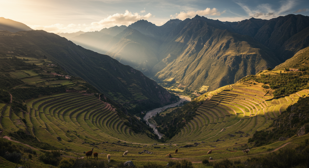 Vallée sacrée des Incas au Pérou pendant le coucher de soleil