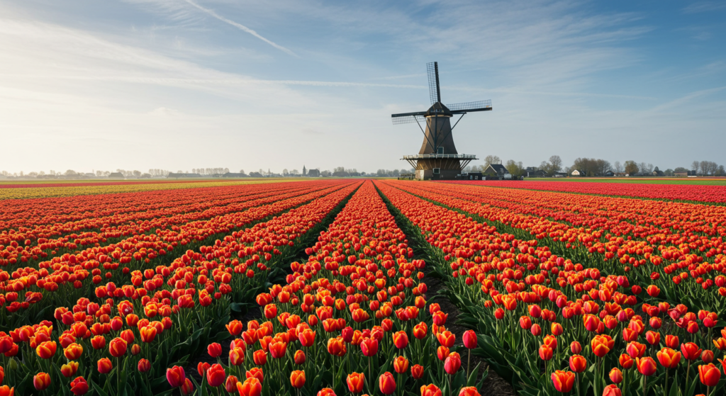 Parc Keukenhof de tulipes rouges en en fleur et moulin