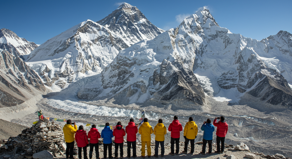 Groupe de touristes face au mont Everest enoleillé