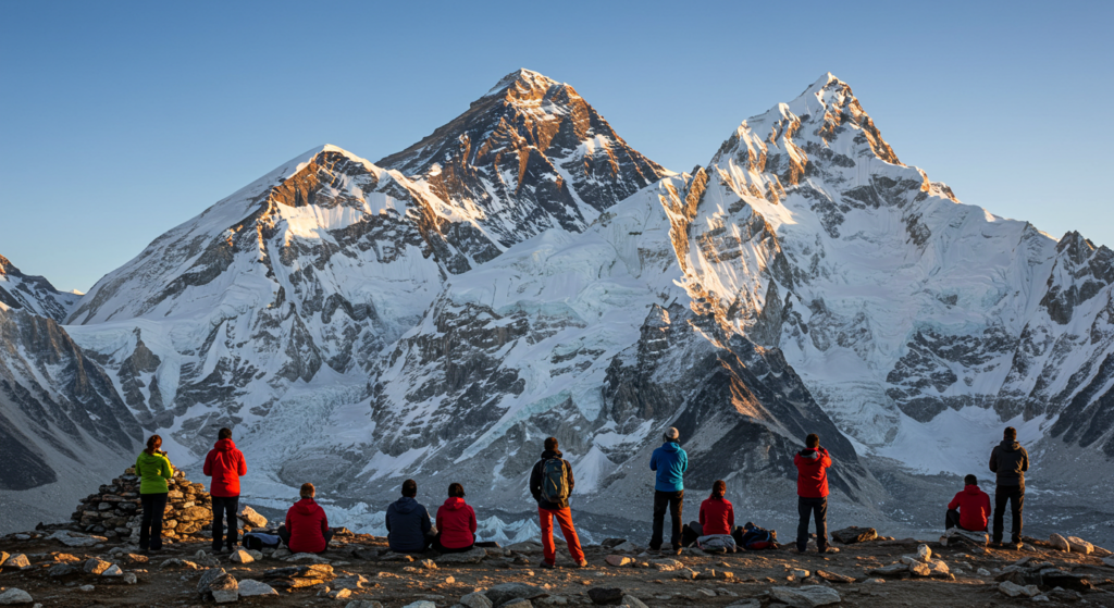 Groupe de touristes face au mont Everest au coucher du soleil