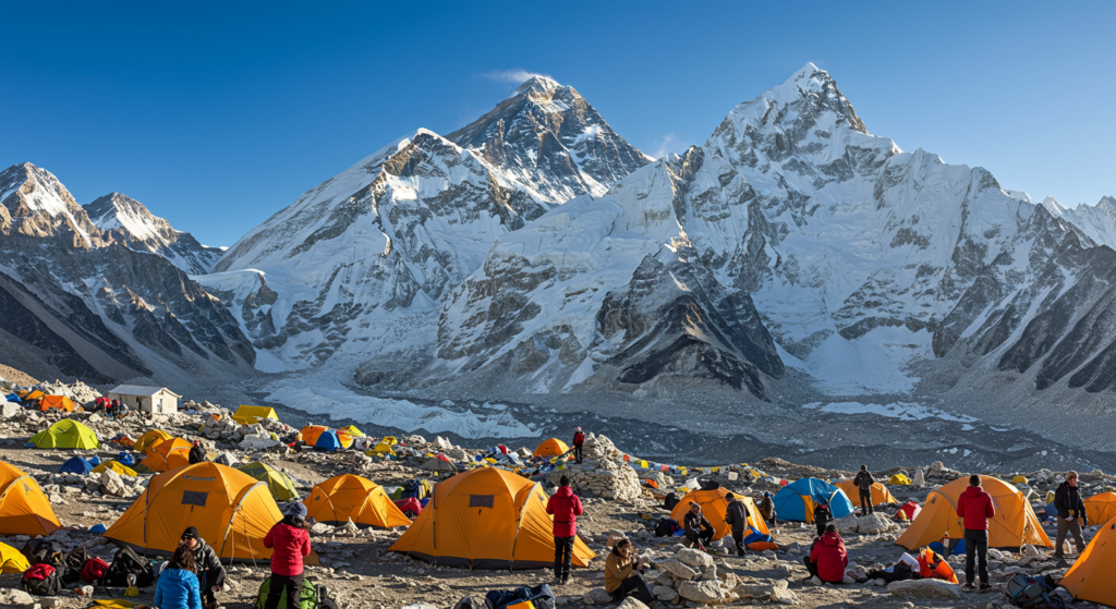 Campement de tentes et nombreux touristes face au mont Everest