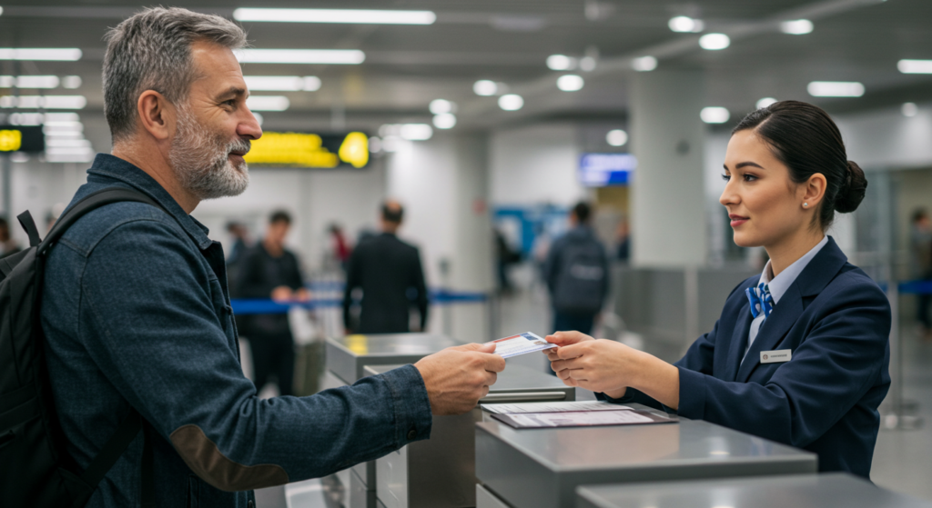 Un homme senior donne sa carte d'identité à une hôtesse de l'air à l'aéroport