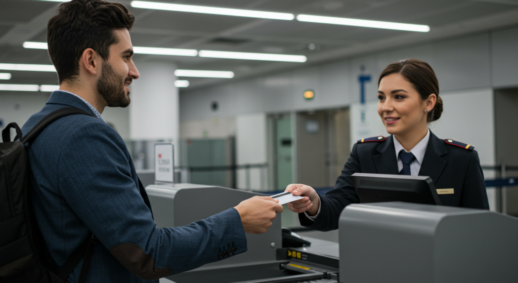 Un homme barbu donne sa carte d'identité à une hôtesse de l'air à l'aéroport