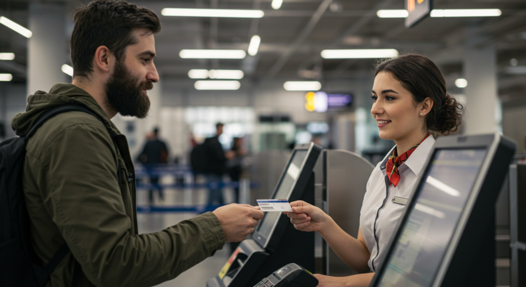 Un homme barbu donne sa carte d'identité à une hôtesse de l'air aux bornes d'enregistrement à l'aéroport 