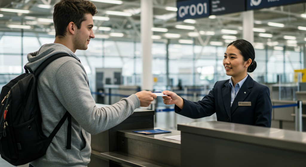 Un jeune homme donne sa carte d'identité à une hôtesse de l'air à l'aéroport