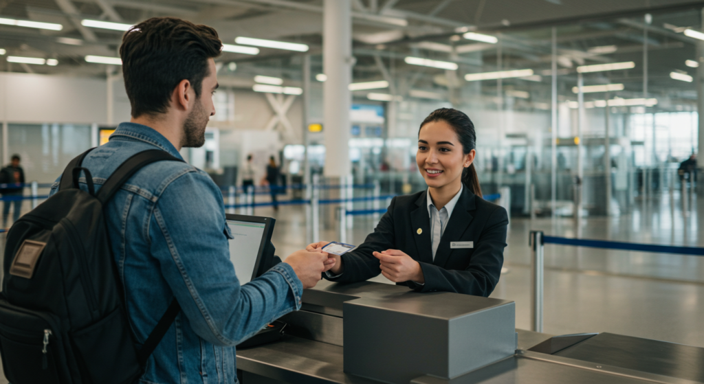 Un homme barbu donne sa carte d'identité à une hôtesse de l'air à l'aéroport