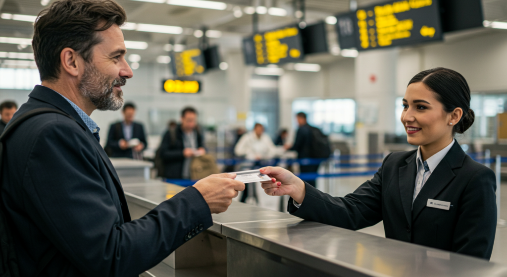 Un homme senior donne sa carte d'identité à une hôtesse de l'air à l'aéroport