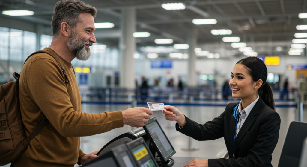 Un homme senior donne sa carte d'identité à une hôtesse de l'air à l'aéroport