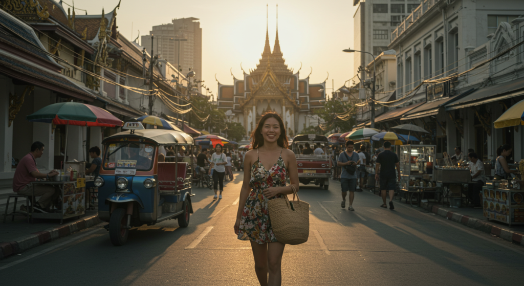 Une jeune touriste souriante au milieu de la rue en Thailande