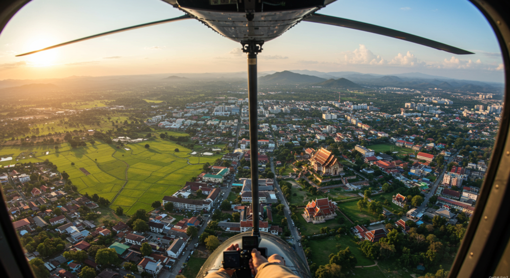 Vue de l'intérieur d'un hélicoptère en vol au dessus de Chiang Mai en Thailande