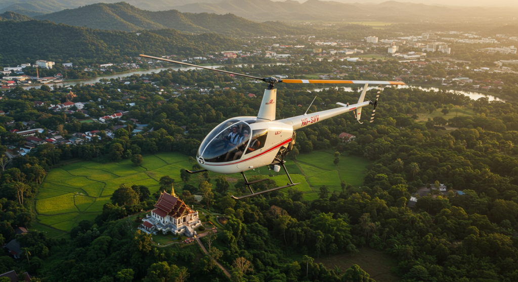 Un hélicoptère blanc en vol au dessus de Chiang Mai en Thailande