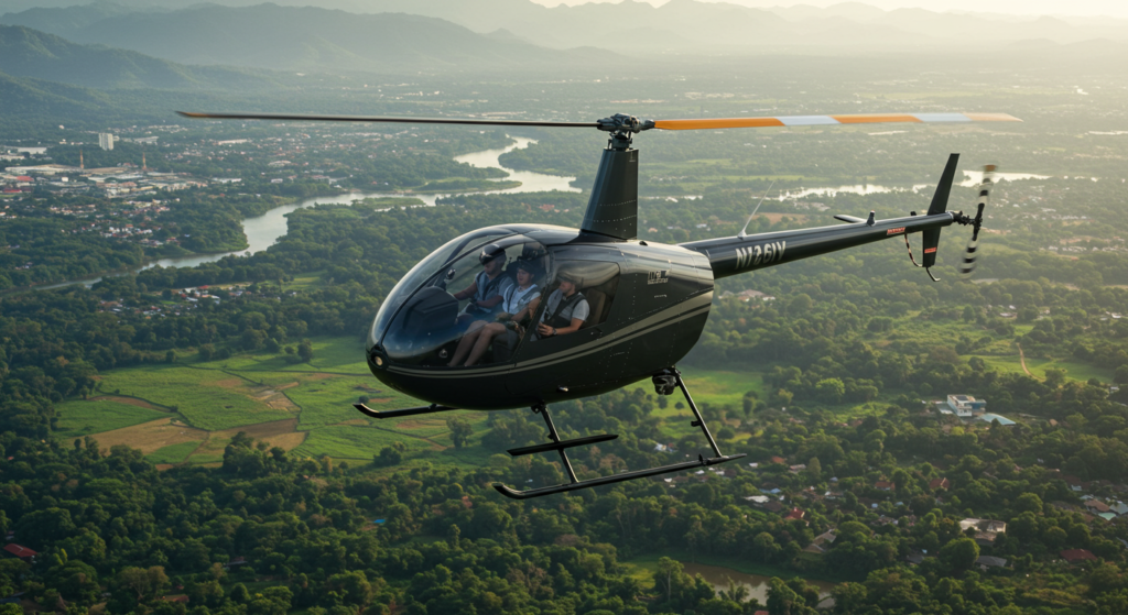 Un hélicoptère noir en vol au dessus de Chiang Mai en Thailande