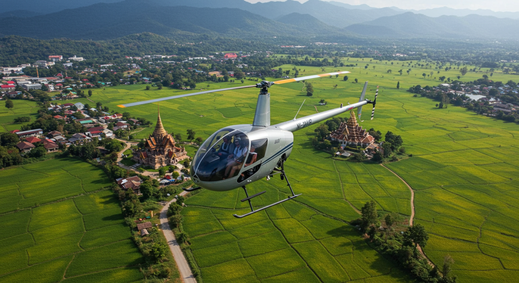 Un hélicoptère gris en vol au dessus de Chiang Mai en Thailande