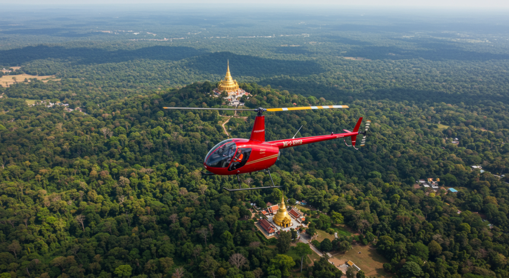 Un hélicoptère rouge en vol au dessus de Chiang Mai en Thailande