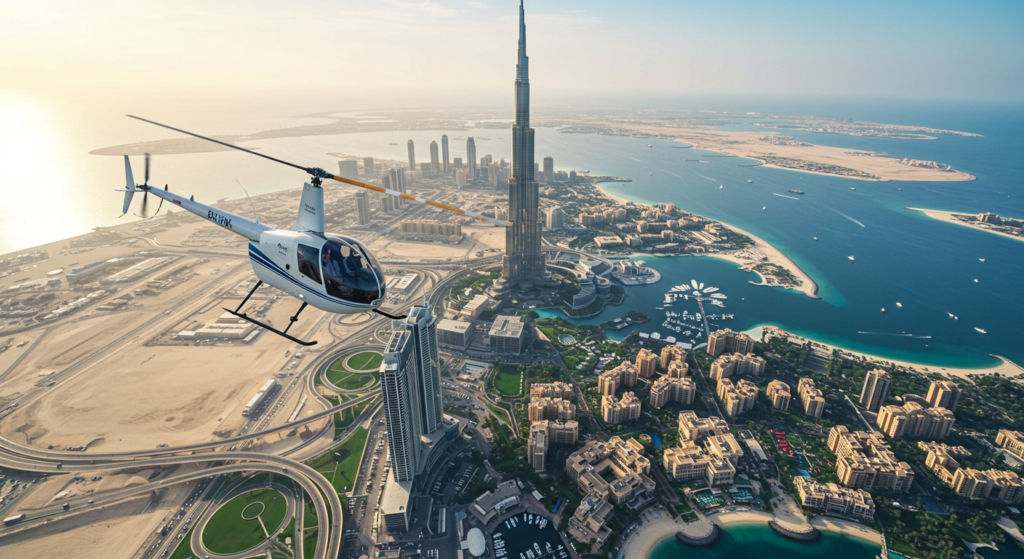 Un hélicoptère blanc survole Dubai proche de la tour Burj Khalifa