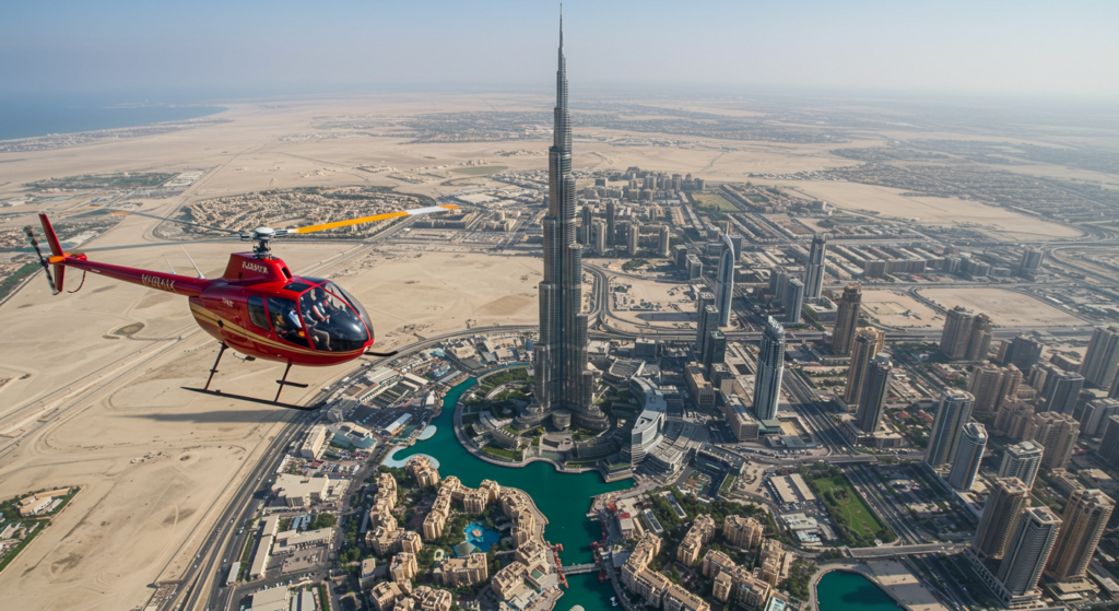 Un hélicoptère rouge survole Dubai proche de la tour Burj Khalifa